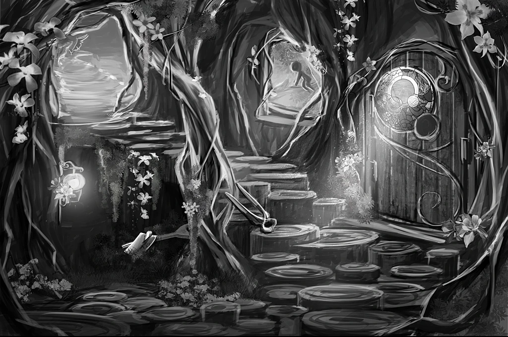 Cursery grayscale scene concept: tree-root stairway