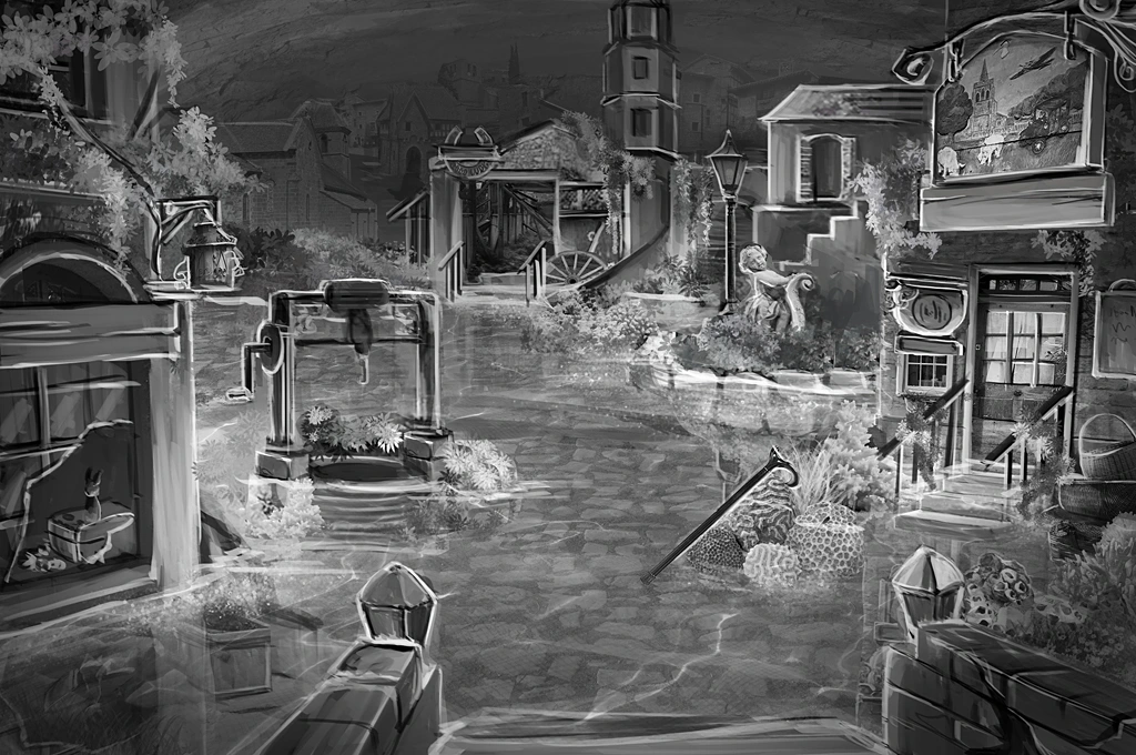 Cursery grayscale scene concept: flooded village