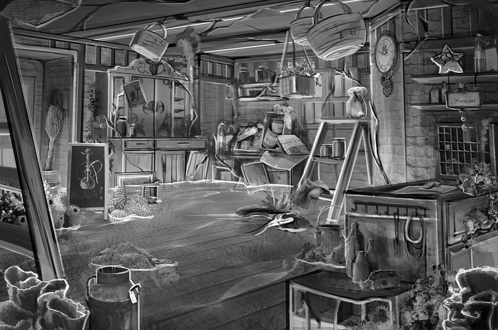 Cursery grayscale scene concept: workshop interior