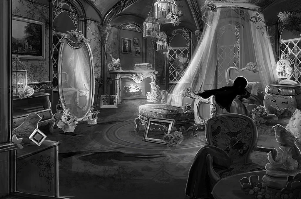 Cursery grayscale scene concept: bedchamber interior
