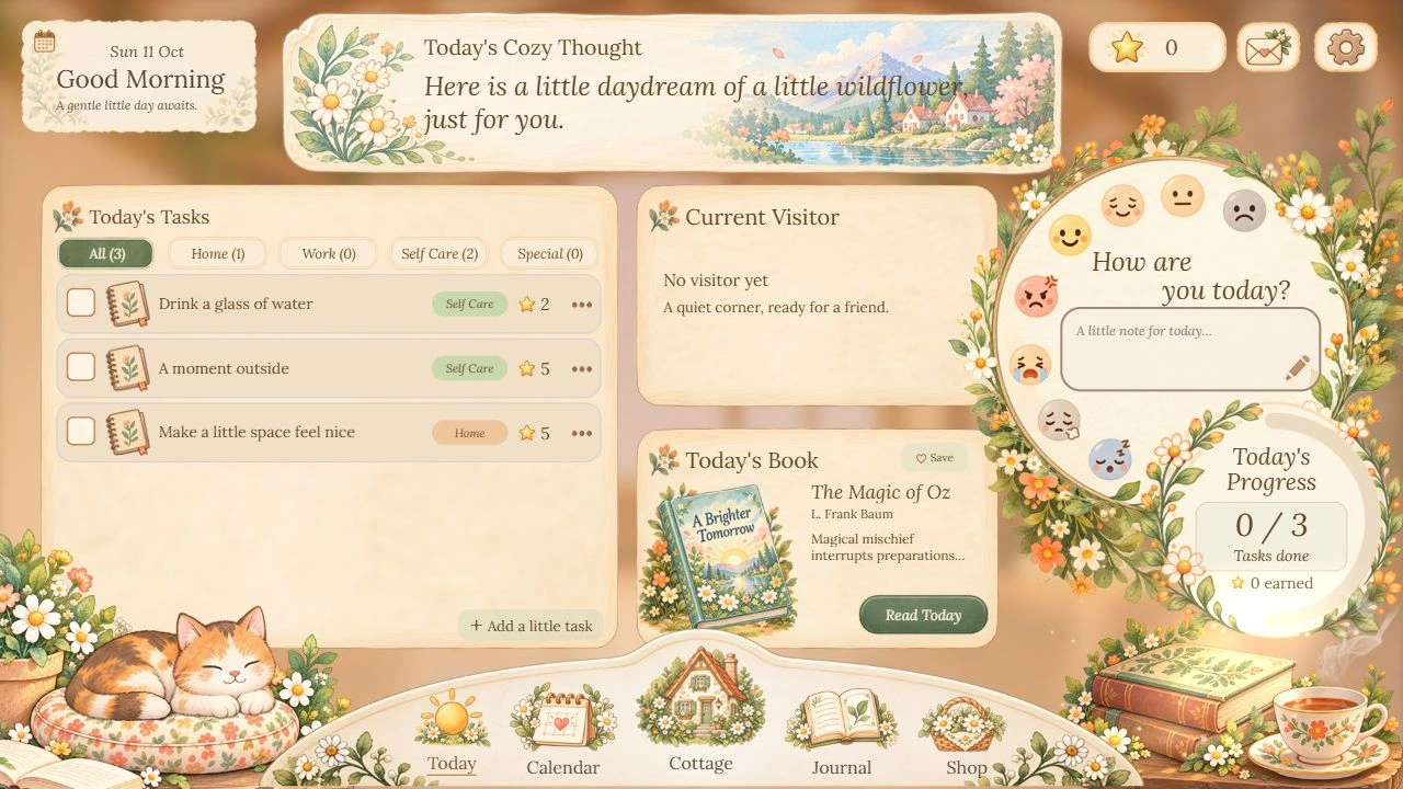 Cozy Little Life Today interface with task panel, mood selection and daily progress