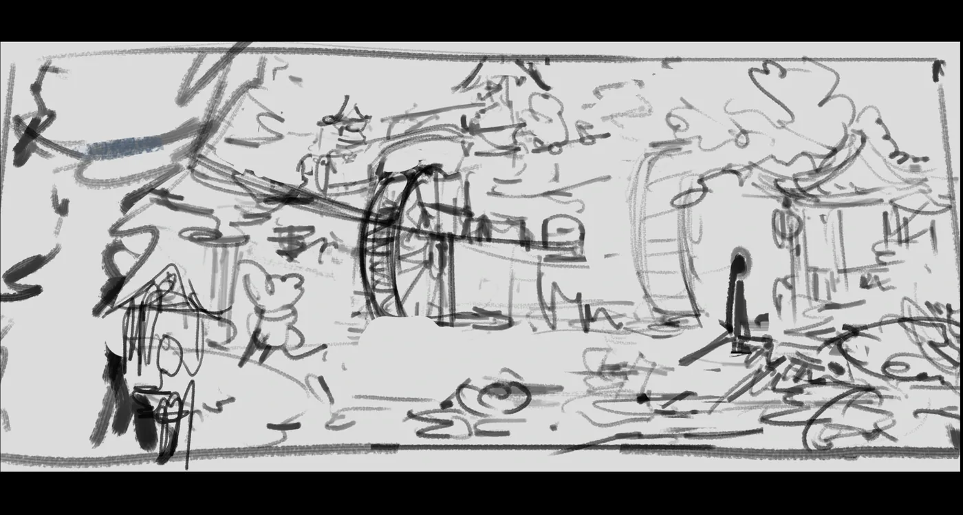 Initial line sketch for a mountain settlement