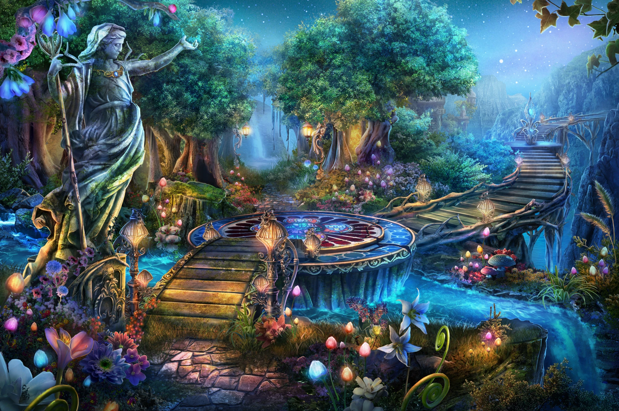 An enchanted garden with a winding illuminated stairway